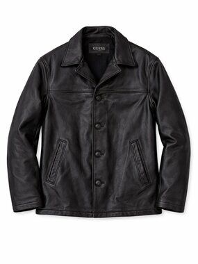 Guess Black Leather Jacket Men’s M Button Front Classic Minimalist Streetwear